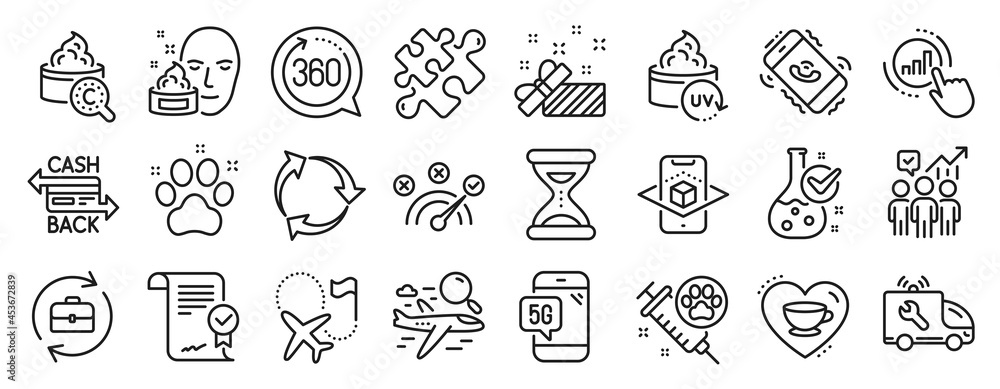 Set of Business icons, such as Recycle, Human resources, Dog vaccination icons. Search flight, Approved agreement, Uv protection signs. 5g phone, Cashback card, Face cream. Pet friendly. Vector