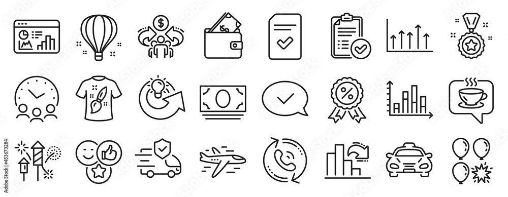 Set of Business icons, such as Approved message, Decreasing graph, Airplane icons. Balloon dart, Cash money, Share idea signs. Sharing economy, Transport insurance, Meeting time. Wallet. Vector Set of Business icons, such as Approved message, Decreasing graph, Airplane icons. Balloon dart, Cash money, Share idea signs. Sharing economy, Transport insurance, Meeting time. Wallet. Vector