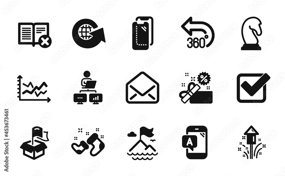 Vector set of Reject book, Fireworks and Work home icons simple set. Marketing strategy, Diagram chart and Santa boots icons. Mail, Checkbox and 360 degrees signs. Vector