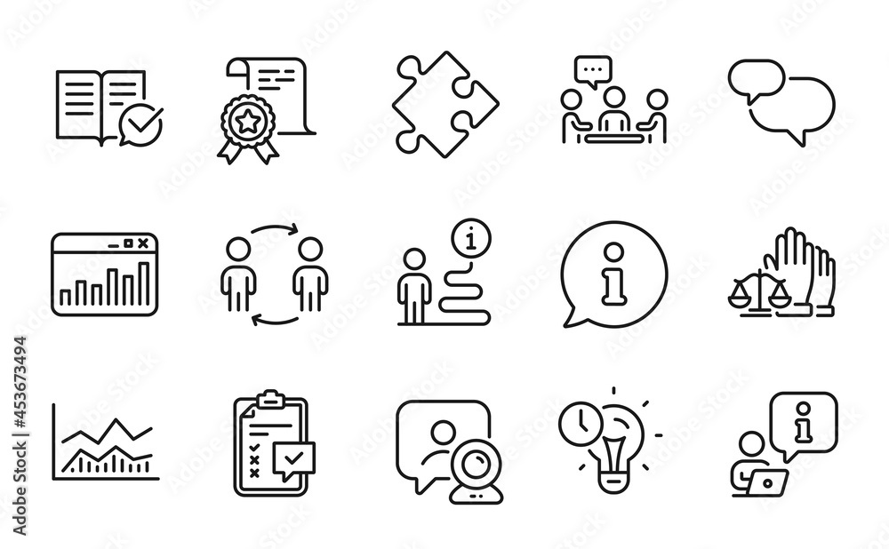 Education icons set. Included icon as Workflow, Court jury, Video conference signs. Strategy, Certificate, Time management symbols. Marketing statistics, Chat message, Checklist. Vector