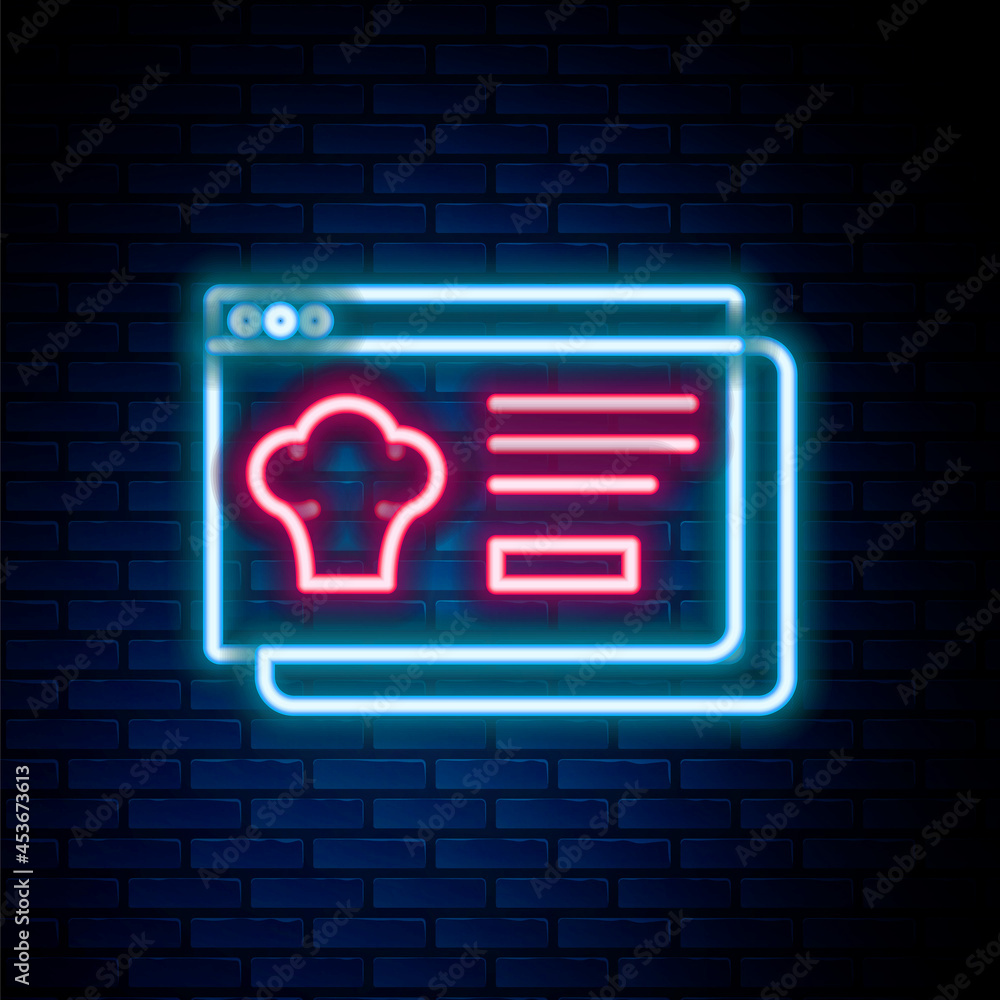 Glowing neon line Online ordering and fast food delivery icon isolated on brick wall background. Colorful outline concept. Vector Glowing neon line Online ordering and fast food delivery icon isolated on brick wall background. Colorful outline concept. Vector