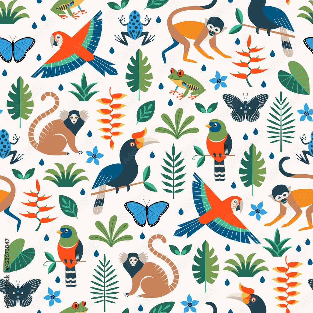 Vector seamless tropical pattern with rainforest jungle animals and leaves on white background. Flat surface design. - obrazy, fototapety, plakaty 