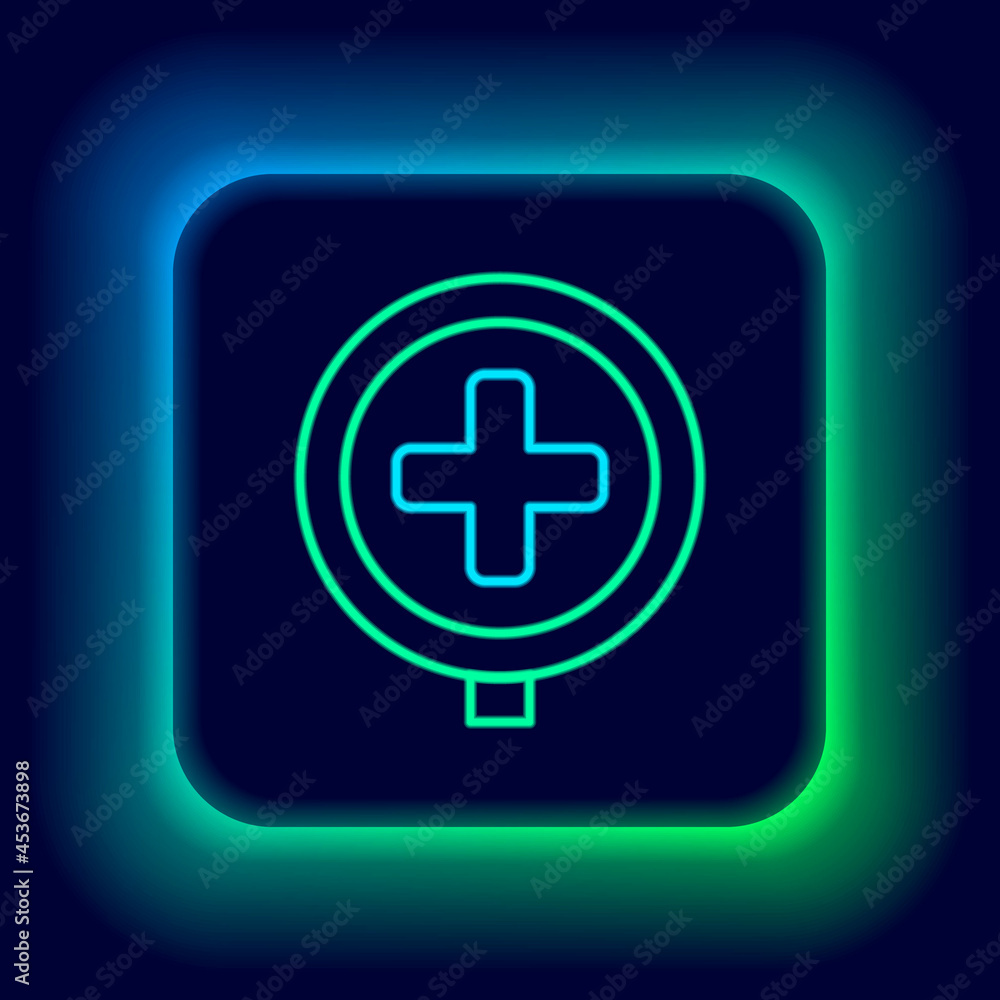 Glowing neon line Hospital road traffic icon isolated on black background. Traffic rules and safe driving. Colorful outline concept. Vector Glowing neon line Hospital road traffic icon isolated on black background. Traffic rules and safe driving. Colorful outline concept. Vector