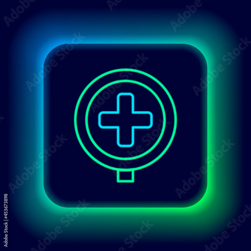 Glowing neon line Hospital road traffic icon isolated on black background. Traffic rules and safe driving. Colorful outline concept. Vector