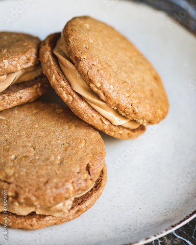 Homemade Peanut butter cookie dessert with nut cream, close-up photo