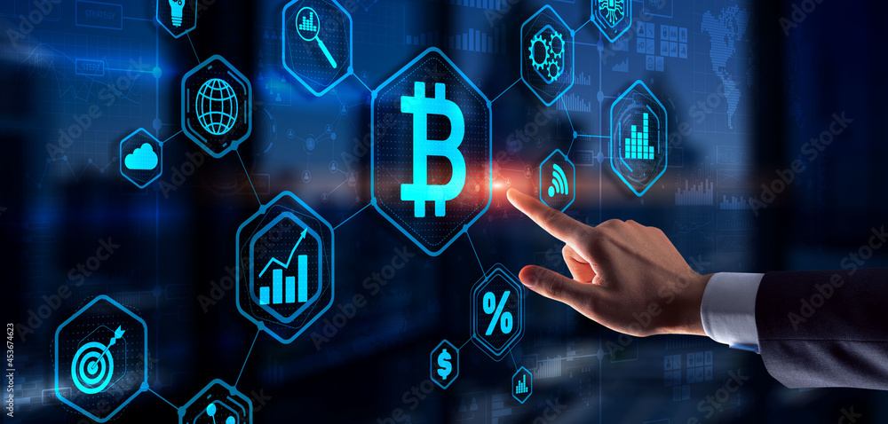 Hand touching Bitcoin button. Modern business technology concept. Bitcoin, Ethereum Hand touching Bitcoin button. Modern business technology concept. Bitcoin, Ethereum
