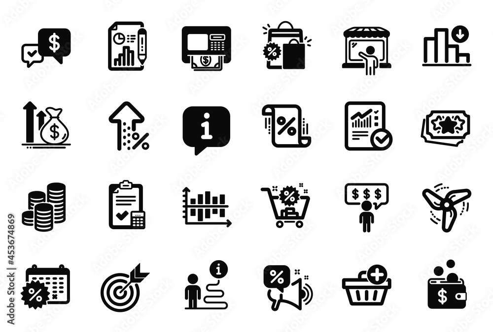 Vector Set of Finance icons related to Calendar discounts, Target and Shopping bags icons. Wind energy, Decreasing graph and Loyalty points signs. Report document, Increasing percent and Atm. Vector