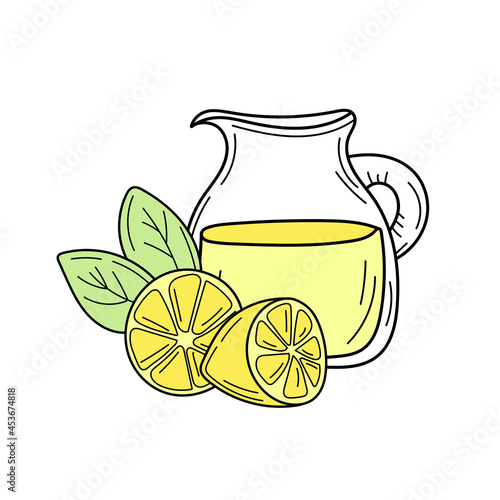 Yellow lemons and lemonade in glass jug. Fresh summer drink. Isolated hand drawn image on white background. Detox and healthy life.