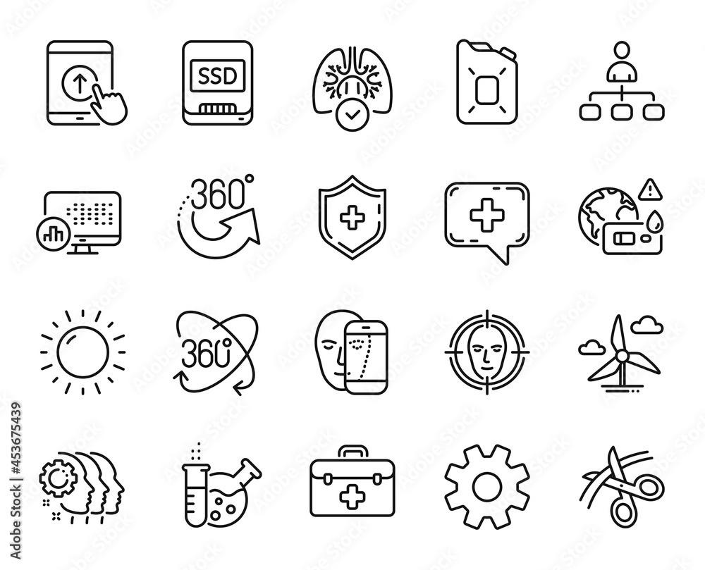 Vector set of First aid, Ssd and Lungs line icons set. Full rotation, Management and Chemistry lab icons. Medical chat, Service and Scissors signs. First aid web symbol. Vector Vector set of First aid, Ssd and Lungs line icons set. Full rotation, Management and Chemistry lab icons. Medical chat, Service and Scissors signs. First aid web symbol. Vector