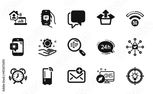 Vector set of Refrigerator, Time management and Talk bubble icons simple set. Chat app, 5g wifi and New mail icons. Weather phone, Web system and Work home signs. Vector