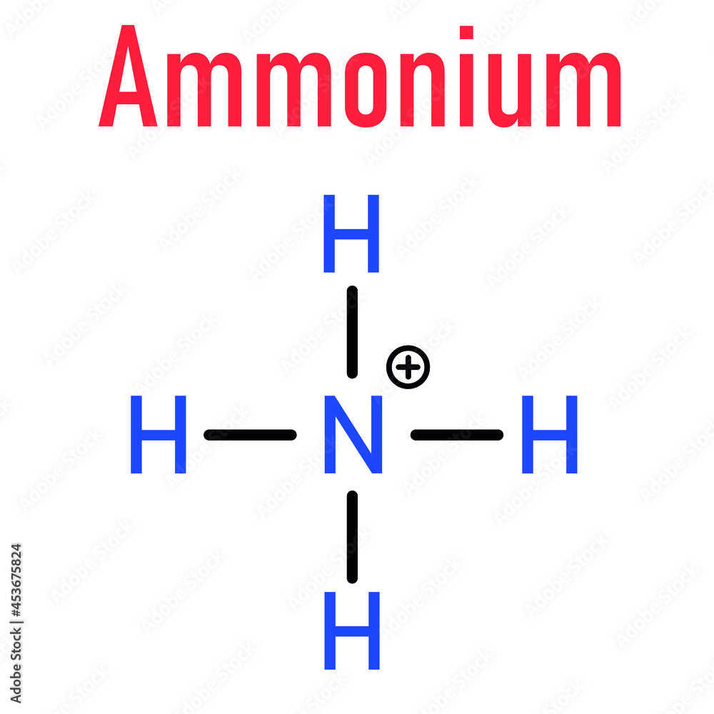 Ammonium cation skeletal formula. Protonated form of ammonia. Ammonium cation skeletal formula. Protonated form of ammonia.