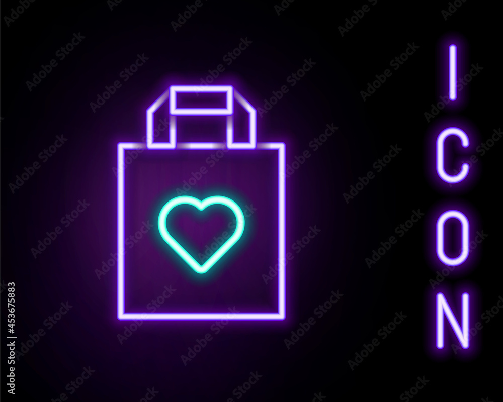 Glowing neon line Shopping bag with heart icon isolated on black background. Shopping bag shop love like heart icon. Valentines day symbol. Colorful outline concept. Vector Glowing neon line Shopping bag with heart icon isolated on black background. Shopping bag shop love like heart icon. Valentines day symbol. Colorful outline concept. Vector