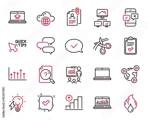 Vector Set of Education icons related to Cloud computing, Checklist and Growth chart icons. Notebook, Website education and Quick tips signs. Cloud computing web symbol. Vector