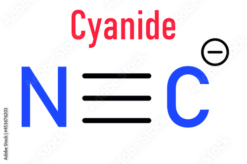 Cyanide anion, chemical structure. Cyanides are toxic, due to inhibition of the enzyme cytochrome c oxidase. Skeletal formula.