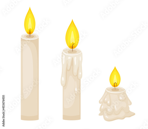 Wax candles with flame in different stages of burn. Vector cartoon set of paraffin candles with fire from tall to small with wax drips. Festive decoration for birthday, Halloween, New Year