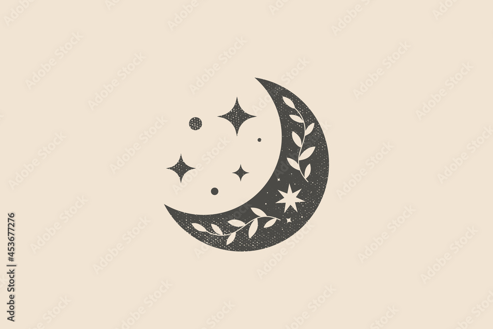 Mystical composition with a crescent moon, a luminous star on a light background. Vector illustration in a trendy minimalist style. Modern laconic art for printing posters, postcards. Mystical composition with a crescent moon, a luminous star on a light background. Vector illustration in a trendy minimalist style. Modern laconic art for printing posters, postcards.