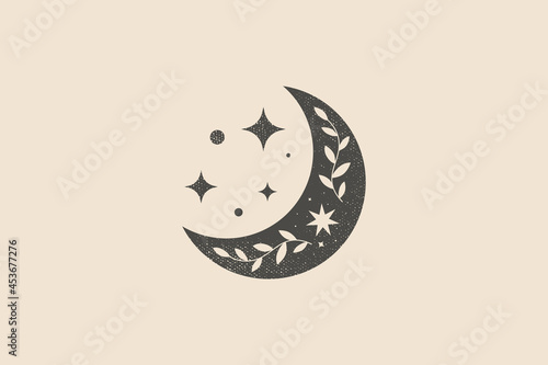 Mystical composition with a crescent moon, a luminous star on a light background. Vector illustration in a trendy minimalist style. Modern laconic art for printing posters, postcards. photo
