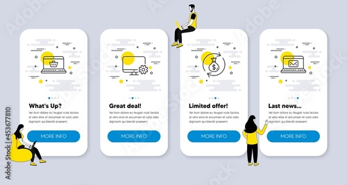 Vector Set of line icons related to Monitor settings, Online shopping and Money exchange icons. UI phone app screens with people. E-mail line symbols. Vector