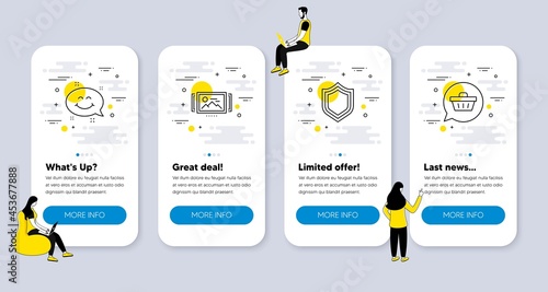 Vector Set of Technology icons related to Smile chat, Image carousel and Security icons. UI phone app screens with people. Shopping cart line symbols. Vector photo