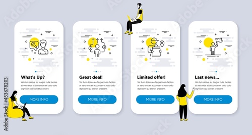 Vector Set of People icons related to Business way, Repairman and Delivery man icons. UI phone app screens with people. Leadership line symbols. Correct path, Repair service, Courier location. Vector