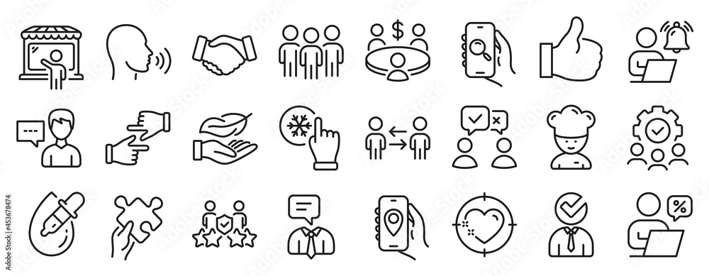 Set of People icons, such as Market seller, Lightweight, Freezing click icons. Person talk, Puzzle, Vacancy signs. Cooking chef, People voting, Group. Teamwork business, Teamwork, Like. Vector