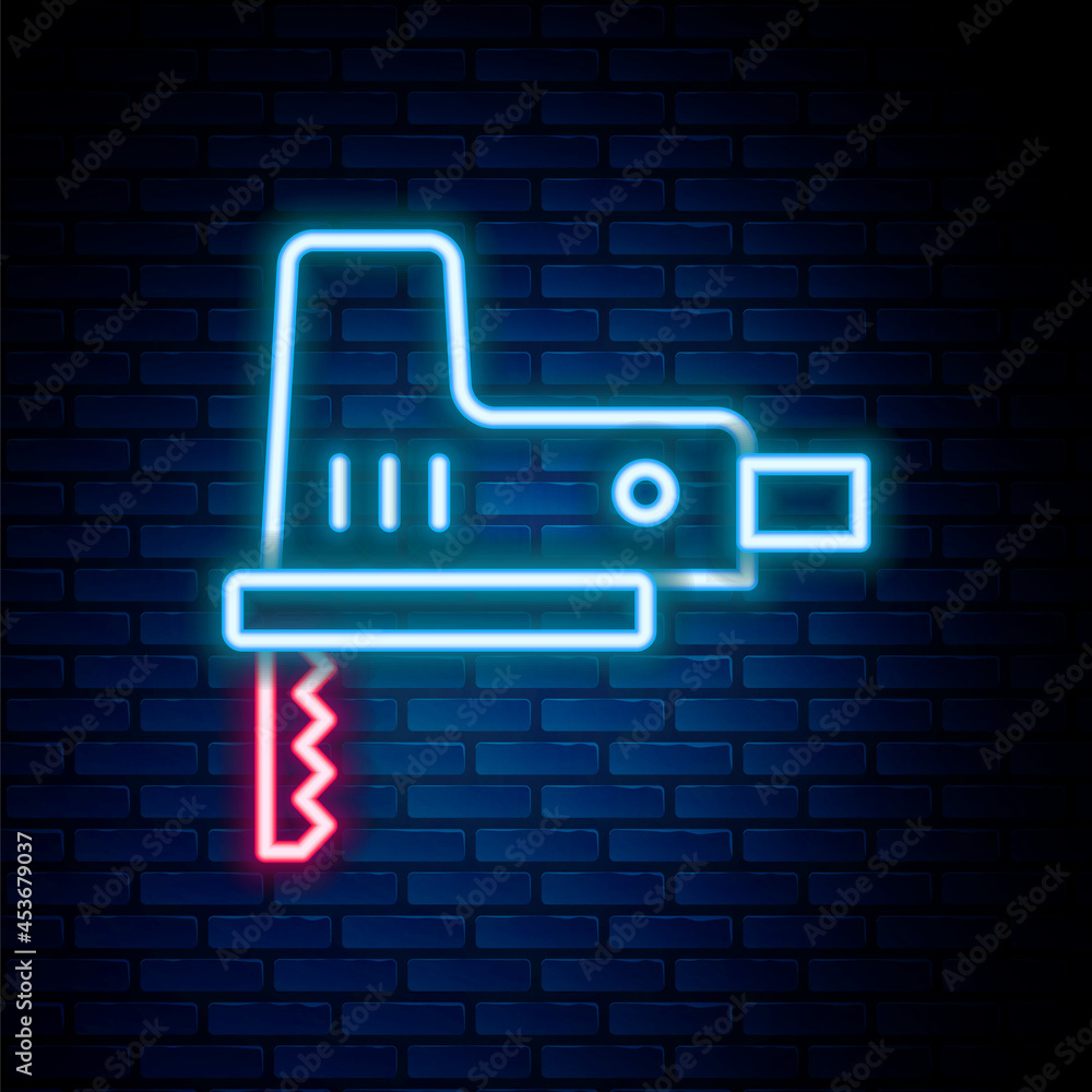 Glowing neon line Electric jigsaw with steel sharp blade icon isolated on brick wall background. Power tool for woodwork. Colorful outline concept. Vector Glowing neon line Electric jigsaw with steel sharp blade icon isolated on brick wall background. Power tool for woodwork. Colorful outline concept. Vector