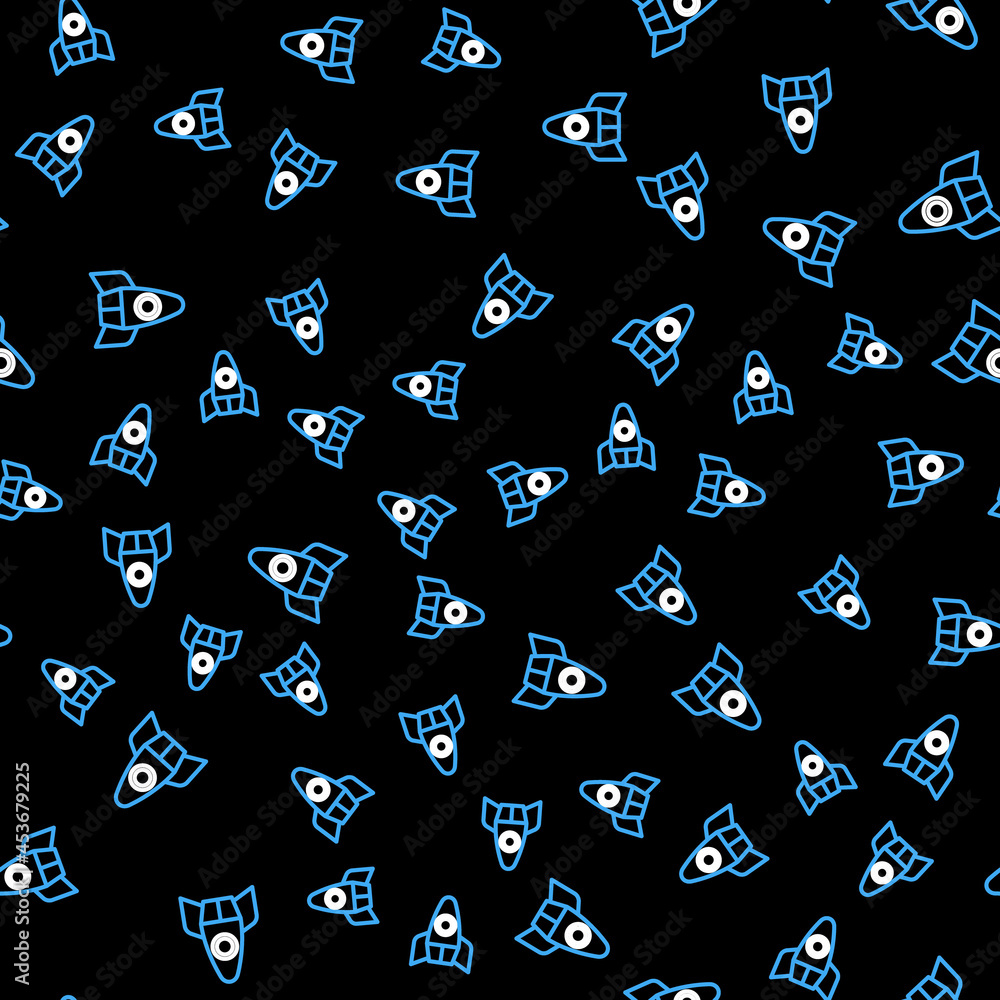 Line Rocket ship icon isolated seamless pattern on black background. Space travel. Vector