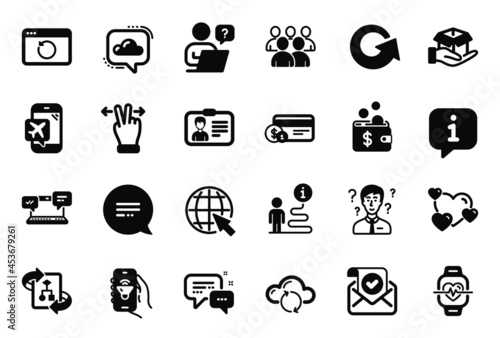Vector Set of Technology icons related to Group, Music app and Hold box icons. Text message, Online question and Cardio training signs. Internet, Confirmed mail and Employees messenger. Vector