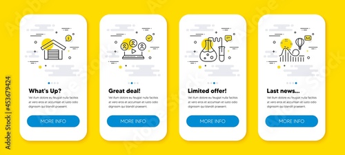 Vector set of Video conference, Chemistry lab and Parking garage line icons set. UI phone app screens with line icons. Roller coaster icon. Remote business, Laboratory, Car place. Vector