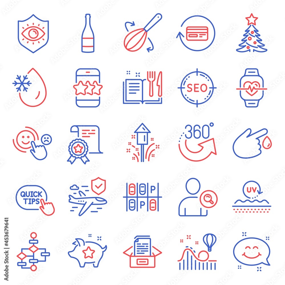 Business icons set. Included icon as Certificate, Christmas tree, Eye protection signs. Smile chat, Parking place, Block diagram symbols. Fireworks, Freezing water, Uv protection. Star. Vector