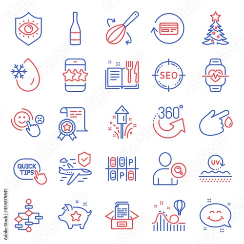 Business icons set. Included icon as Certificate, Christmas tree, Eye protection signs. Smile chat, Parking place, Block diagram symbols. Fireworks, Freezing water, Uv protection. Star. Vector