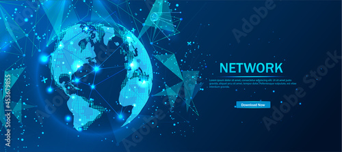 Network. Planet Earth from space. Flickering lights of cities. Map of the mainland. Global communications system and the World Wide Web. Technologies and communications. Globalization. Luminous sphere
