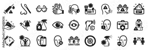 Set of Medical icons, such as Sick man, Myopia, Cleaning liquids icons. Wash hands, Skin cream, Social distancing signs. Coronavirus protection, Uv protection, Medical insurance. Cough. Vector