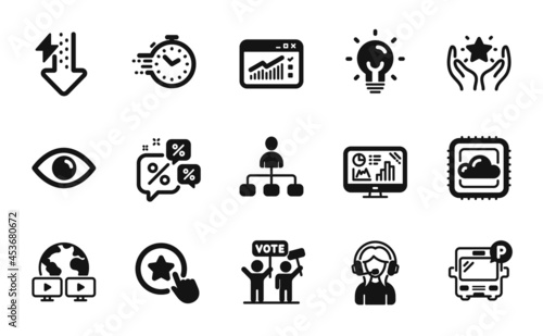 Vector set of Analytics graph, Bus parking and Video conference icons simple set. Energy, Eye and Support icons. Management, Voting campaign and Cloud computing signs. Vector