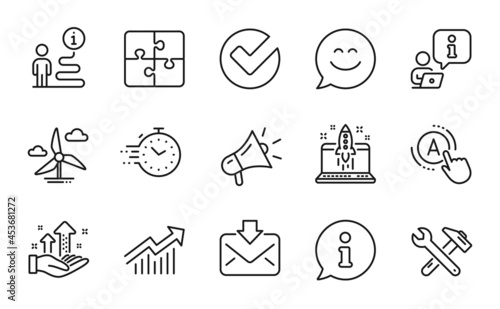 Technology icons set. Included icon as Demand curve, Ab testing, Timer signs. Megaphone, Incoming mail, Verify symbols. Spanner tool, Start business, Windmill turbine. Puzzle, Smile chat. Vector