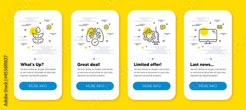 Vector set of Gluten free, Coronavirus vaccine and Lungs line icons set. UI phone app screens with line icons. Computer icon. Bio ingredients, Covid protection, Respiratory pneumonia. Vector