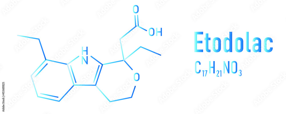 Etodolac NSAID drug molecule. Skeletal formula. Etodolac NSAID drug molecule. Skeletal formula.