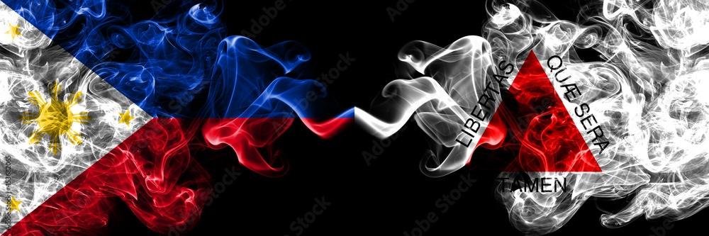Philippines, Filipino vs Brazil, Brazilian, Minas Gerais smoke flags side by side. Philippines, Filipino vs Brazil, Brazilian, Minas Gerais smoke flags side by side.