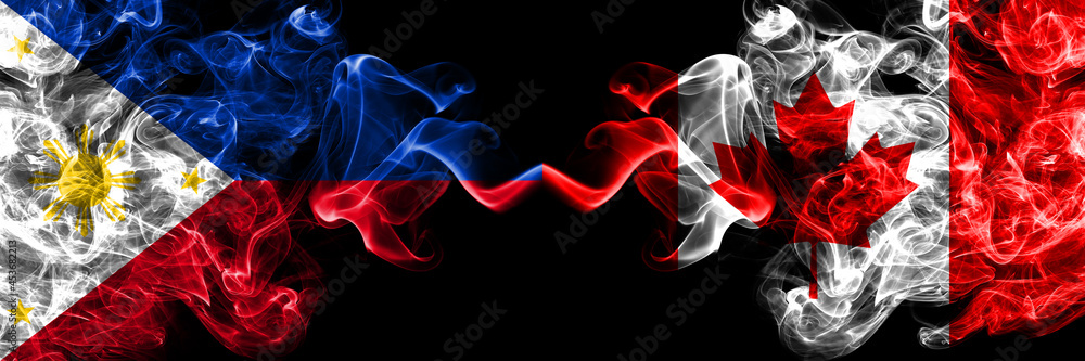Philippines, Filipino vs Canada, Canadian smoke flags side by side. Philippines, Filipino vs Canada, Canadian smoke flags side by side.