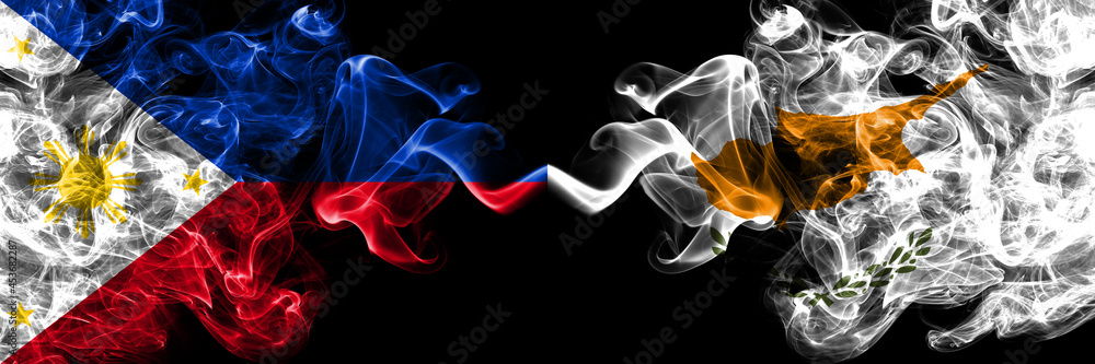 Philippines, Filipino vs Cyprus, Cypriot smoke flags side by side. Philippines, Filipino vs Cyprus, Cypriot smoke flags side by side.