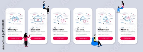 Vector Set of Healthcare icons related to Sun cream, Moisturizing cream and First aid icons. UI phone app screens with teamwork. Quarantine, Fair trade and Vision test line symbols. Vector