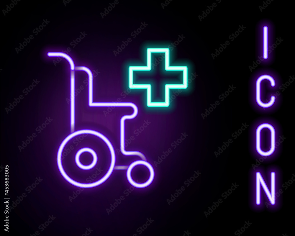 Glowing neon line Wheelchair for disabled person icon isolated on black background. Colorful outline concept. Vector Glowing neon line Wheelchair for disabled person icon isolated on black background. Colorful outline concept. Vector