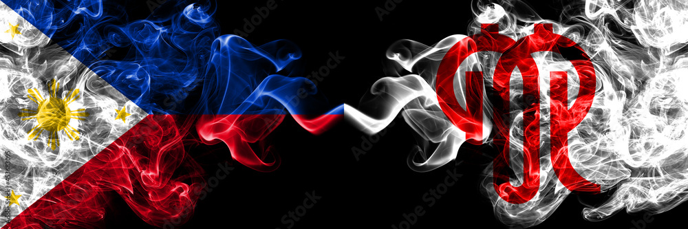Philippines, Filipino vs Japan, Japanese, Kanagawa Prefecture smoke flags side by side. Philippines, Filipino vs Japan, Japanese, Kanagawa Prefecture smoke flags side by side.