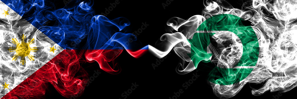 Philippines, Filipino vs Japan, Japanese, Moseushi, Hokkaido, Sorachi, Subprefecture smoke flags side by side. Philippines, Filipino vs Japan, Japanese, Moseushi, Hokkaido, Sorachi, Subprefecture smoke flags side by side.