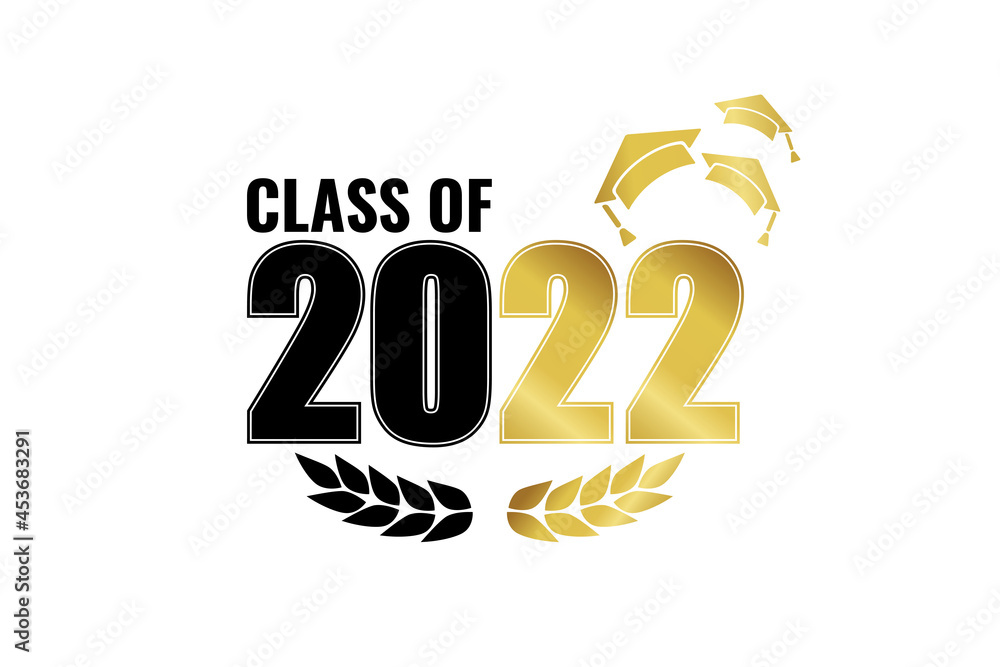 Class of 2022. Black gold number with education academic cap and laurel wreath on white. Template for graduation design, high school or college congratulation graduate, yearbook. Vector illustration. Class of 2022. Black gold number with education academic cap and laurel wreath on white. Template for graduation design, high school or college congratulation graduate, yearbook. Vector illustration.