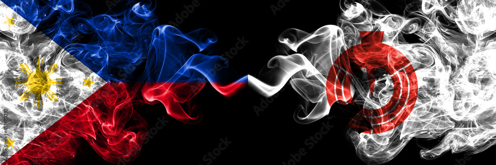 Philippines, Filipino vs Japan, Japanese, Nanporo, Hokkaido, Sorachi, Subprefecture smoke flags side by side. Philippines, Filipino vs Japan, Japanese, Nanporo, Hokkaido, Sorachi, Subprefecture smoke flags side by side.