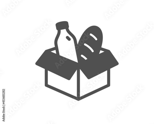 Food donation icon. Charity box sign. Charitable organization symbol. Classic flat style. Quality design element. Simple food donation icon. Vector