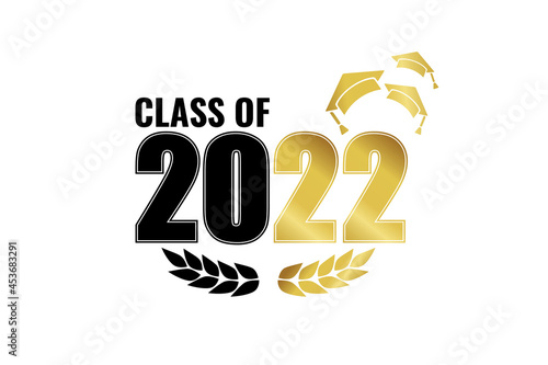 Class of 2022. Black gold number with education academic cap and laurel wreath on white. Template for graduation design, high school or college congratulation graduate, yearbook. Vector illustration.