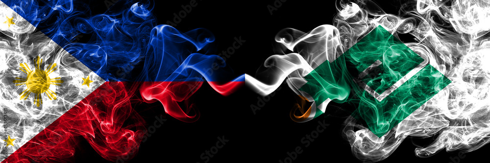 Philippines, Filipino vs Japan, Japanese, Setana, Hokkaido, Hiyama, Subprefecture smoke flags side by side. Philippines, Filipino vs Japan, Japanese, Setana, Hokkaido, Hiyama, Subprefecture smoke flags side by side.