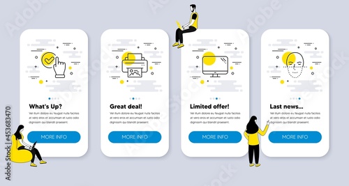 Vector Set of Technology icons related to Print image, Computer and Checkbox icons. UI phone app screens with people. Face recognition line symbols. Printer, Pc component, Confirmed. Vector